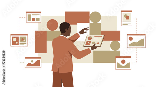 A professional businessman in a sharp suit uses a digital tablet to meticulously organize various charts and documents displayed on a large interactive virtual wall.