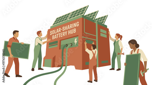 A diverse team of dedicated workers in practical overalls collaboratively assembles a large, modern solar-sharing battery hub, installing photovoltaic panels on top.