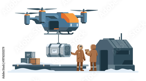 A futuristic VTOL delivery drone precisely lowers a large cargo container to two arctic researchers in heavy parkas in a remote, snowy outpost setting.