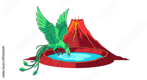 A vibrant green phoenix drinks from a pool of water near a volcanic mountain in a colorful vector illustration.