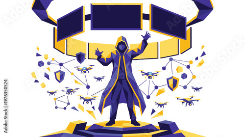 A mysterious hooded figure in a dramatic robe orchestrates a vast swarm of interconnected drones from a central platform surrounded by holographic screens and shields.