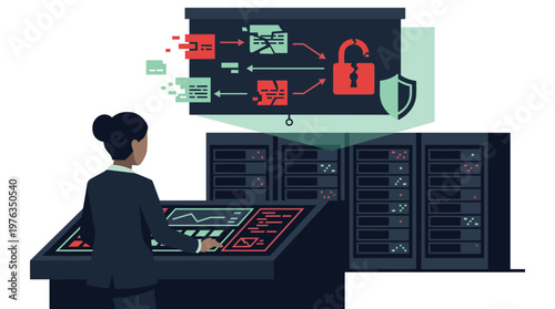 A focused female cybersecurity analyst at a complex control console diligently monitors server racks while a large projection displays a critical data breach in progress.
