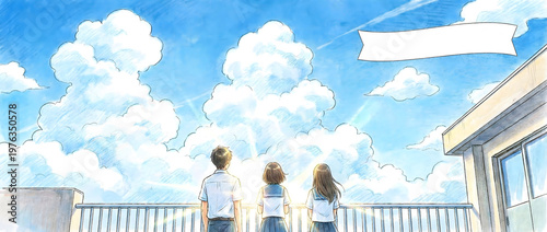 Three students in school uniforms standing on a rooftop, gazing upward at the blue sky and fluffy white clouds