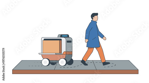 A man in a blue coat walks along a sidewalk, closely followed by a futuristic autonomous delivery robot carrying a package on a clean, isolated background.