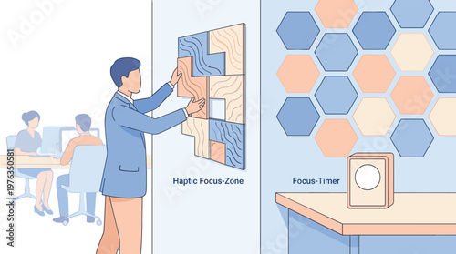 A focused professional in a modern office environment meticulously arranges textured wooden puzzle pieces on an interactive haptic focus-zone wall under soft, ambient lighting.