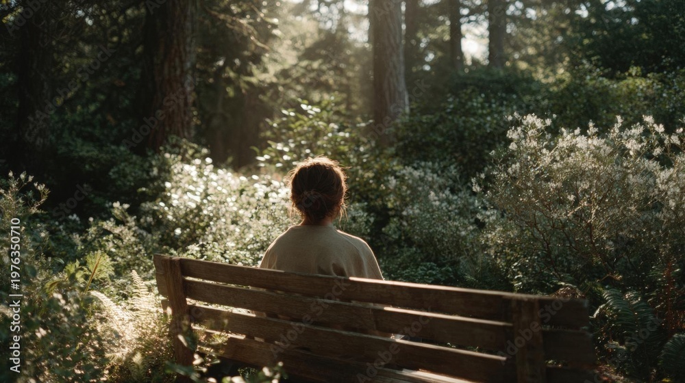 Fototapeta premium Person sitting on a wooden bench in a forest. the person is facing away from the camera, with their back towards the viewer. they are wearing a beige sweater and have their hair tied back in a bun.