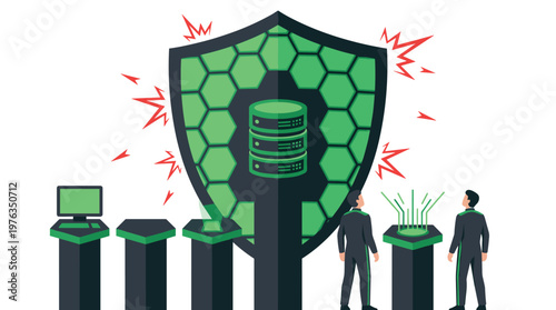A massive green hexagonal shield actively deflects digital attacks from a central server database, while two figures in suits observe from secure platforms.