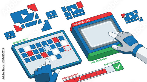 Gloved hands meticulously interact with a complex user interface on a tablet and a console, solving a puzzle with red and blue blocks under specific conditions.