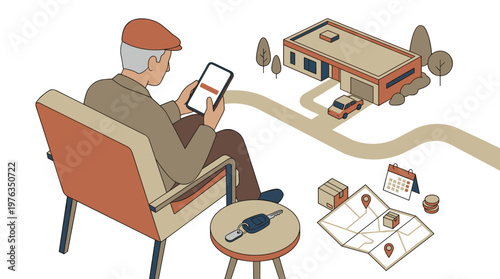 An elderly man comfortably seated in an armchair uses a modern tablet for online shopping and package tracking, with delivery icons and a house in the background.