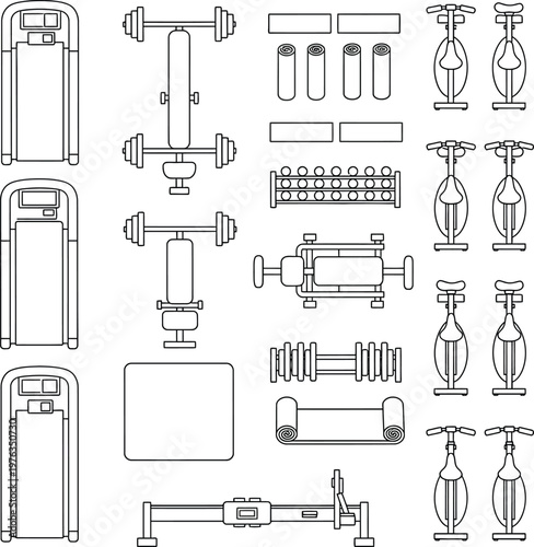 Gym Equipment Floor Plan Symbols Vector Set, Top View Fitness Center CAD Blocks, Minimalist Line Art Treadmills Weights Yoga Mats Bikes for Interior Design Layout and Space Planning