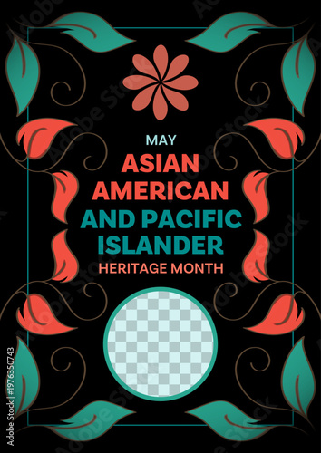 Asian American and Pacific Islander Heritage Month. Poster design with floral illustration of twirl stalks and blooming flowers