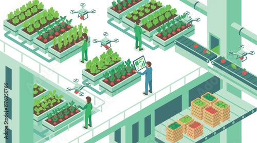 In a high-tech vertical farm, diligent workers and autonomous drones meticulously cultivate vibrant rows of produce under controlled indoor lighting conditions.