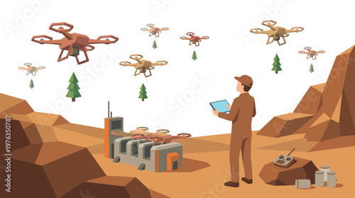 A lone figure orchestrates a squadron of autonomous drones planting evergreen saplings across a stylized, low-poly terraformed landscape under a clear sky.