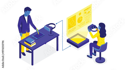 A professional instructor guides a student using a virtual reality headset to interact with a complex holographic data interface in a futuristic learning environment.