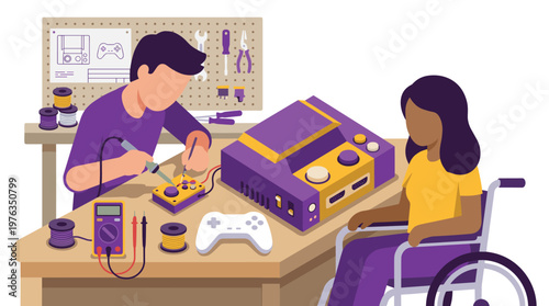 Two individuals collaborate on repairing a vintage purple video game console, with one person carefully soldering a controller and another in a wheelchair observing.