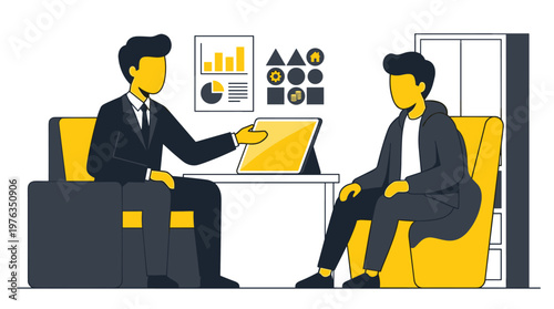 A professional financial advisor in a sharp suit presents detailed charts and data on a sleek digital tablet to a client during a productive consultation meeting.