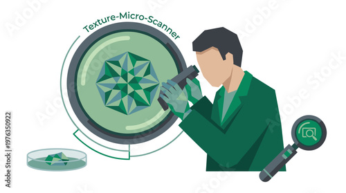 A meticulous scientist in a green lab coat intently examines a complex crystalline structure through a powerful microscope, utilizing an advanced texture-micro-scanner.