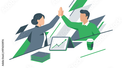 Two successful business colleagues celebrate a major achievement with an energetic high-five over a tablet displaying a positive growth chart in a dynamic office.