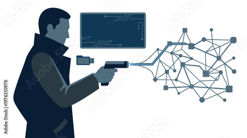 A mysterious hacker in a dark trench coat executes a sophisticated cyber attack, projecting a complex digital network from a specialized data weapon.