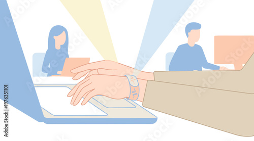 A person's hands type on a laptop while wearing a futuristic smart bracelet that monitors vital signs, with colleagues working in a softly lit, collaborative office space.