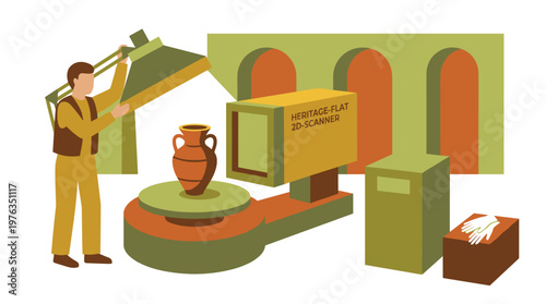 A meticulous archaeologist adjusts a large studio light over an ancient terracotta vase on a turntable for a high-resolution 2D flat scanner to digitally preserve the artifact.