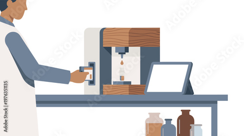 A focused scientist in a white lab coat operates a modern analytical machine with wooden accents, precisely dispensing a single liquid drop into a vial for research.