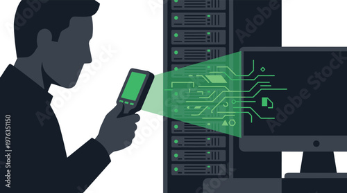 A meticulous IT specialist in a dark server room uses a handheld scanner to diagnose a data rack, projecting a luminous green circuit board schematic.