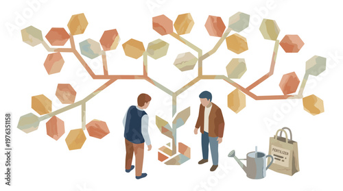 Two business partners carefully nurture a growing geometric tree sapling, using fertilizer and water to cultivate their shared investment in a clean, isolated space.