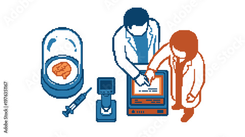 Two pixelated scientists in a sterile laboratory meticulously analyze neurological data on a glowing screen, with a preserved brain and microscope nearby for research.