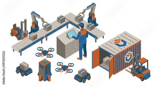 A factory supervisor uses a tablet to manage an automated warehouse with robotic arms, conveyor belts, drones, and autonomous vehicles for efficient logistics.