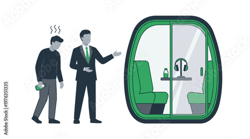 A professional attendant in a sleek suit offers a private, high-tech resting pod to an exhausted and disheveled man seeking comfort and recovery.
