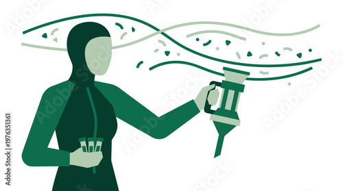 A dedicated marine biologist in a full wetsuit meticulously collects water samples with a specialized device to study microplastic pollution in the ocean.