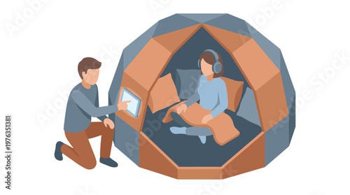 A relaxed woman meditates with headphones inside a cozy geodesic pod while a man adjusts settings on an external touchscreen in a clean, isolated environment.