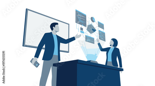 Two innovative colleagues in a modern office collaboratively interact with a complex holographic user interface displaying data charts and code projected from a desk.