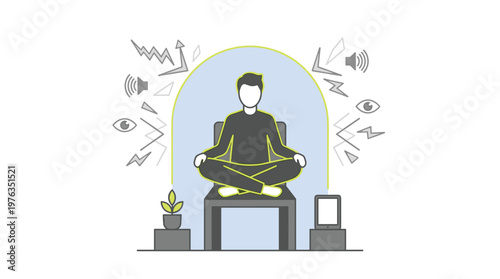 A calm figure sits in a meditative lotus pose on a chair, protected from distracting external stimuli like sounds and sights by a serene blue energy shield.