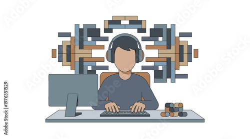 A focused individual wearing large headphones types diligently on a keyboard, immersed in a digital world represented by abstract geometric blocks floating behind them.