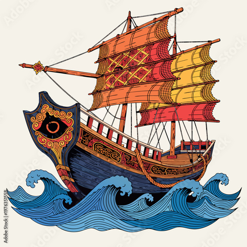 Detailed vector illustration of a traditional sailing ship with ornate design and colorful sails