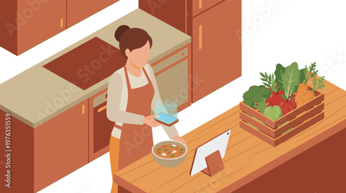 A woman in an apron uses her smartphone with an augmented reality feature to analyze a bowl of soup in a modern kitchen with a crate of fresh vegetables.