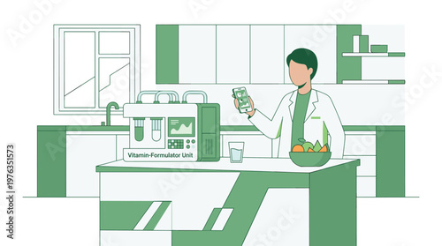 A scientist in a white lab coat uses a smartphone application to control a futuristic Vitamin-Formulator Unit in a pristine, modern green-toned laboratory.