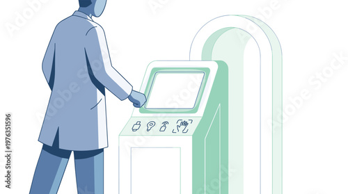 A scientist wearing a light blue lab coat stands before a futuristic white and green terminal, preparing to use a biometric hand scanner for secure access.