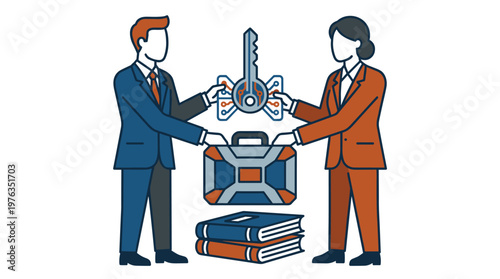 A professional businessman and businesswoman in formal suits complete a secure transaction by exchanging a large, intricate digital key above a briefcase and books.
