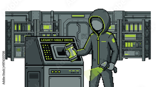 A mysterious hooded figure in a dark jumpsuit inserts a glowing green data canister into a legacy vault drive within a high-tech, pixelated server room.