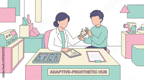 A compassionate female doctor in a lab coat meticulously fits a young male patient with an advanced bionic hand at a modern adaptive prosthetic hub clinic.