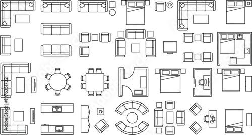 Architectural Floor Plan Furniture Symbols Vector Set, Top View 2D CAD Interior Design Blocks, Minimalist Line Art Layout with Sofas Beds Tables Kitchen Office Elements Grid Collection