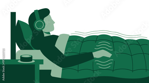 A relaxed individual wearing modern headphones rests peacefully under a vibrating weighted blanket in a serene bedroom setting with a minimalist green color palette.