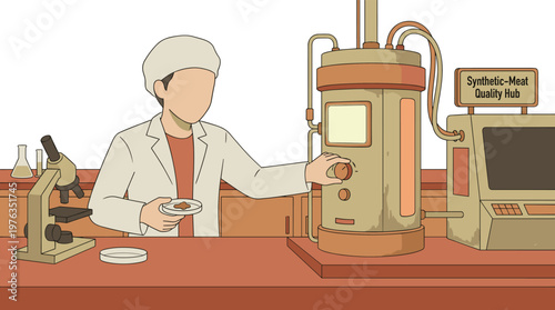 A dedicated scientist in a pristine lab coat carefully adjusts a large bioreactor while inspecting a cultured meat sample at a synthetic meat quality hub.