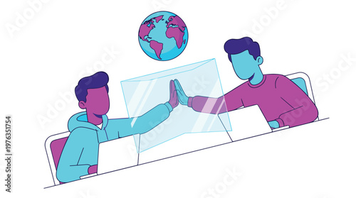 Two dynamic collaborators in neon-colored attire successfully complete a project, giving a virtual high-five through a futuristic interface under a glowing global icon.