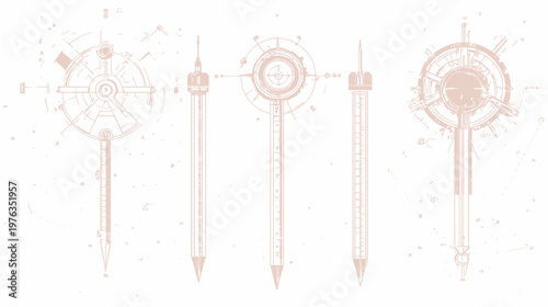 Stylized technical drawings featuring circular elements, elongated shafts, and conical end points