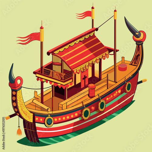 Detailed vector illustration of a traditional sailing ship with ornate design and colorful sails