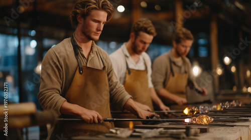 Wide establishing view of a glass blowing studio at dusk, three artisans in leather aprons shaping luminous amber orbs with long iron rods over a roaring furnace, ideal for artisan craft, glasswork 
